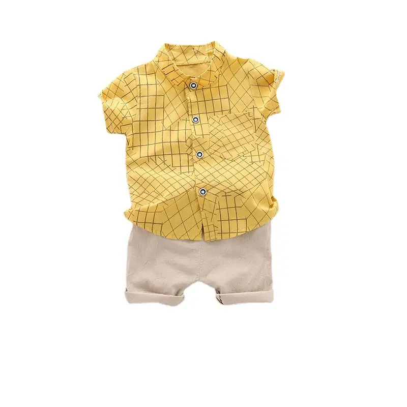 Korean Boys' Blue Grid Shirt Short Sleeve Pants Set - Image 6