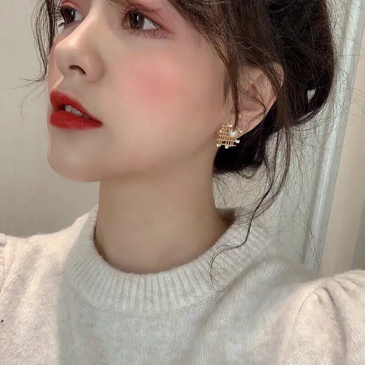 Korean Grid Pearl Earrings for Women