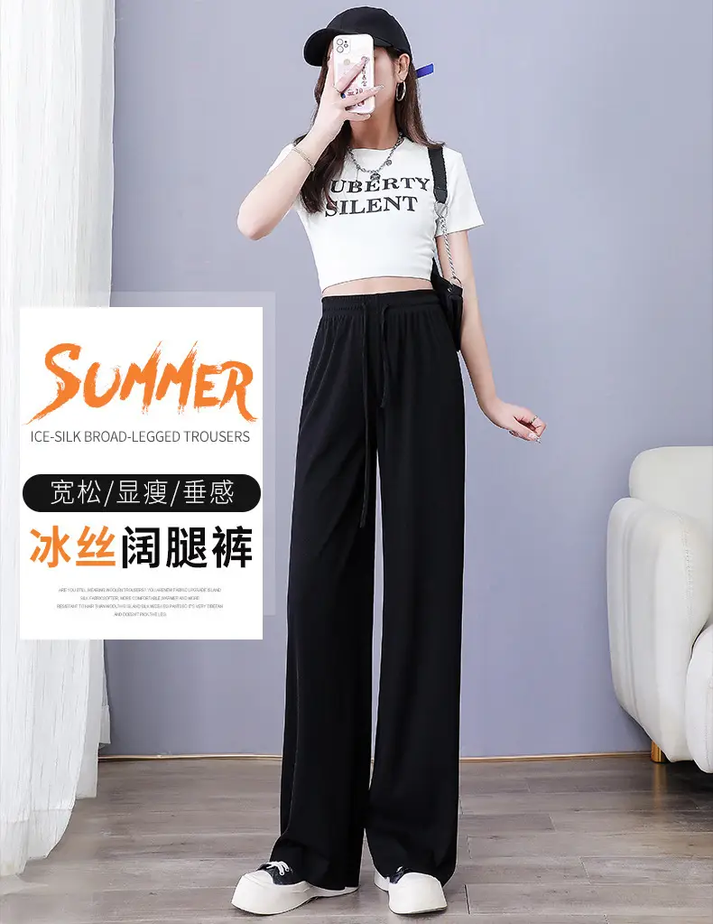 Women Ice Silk Wide Leg Pants Grey Summer — feature 2