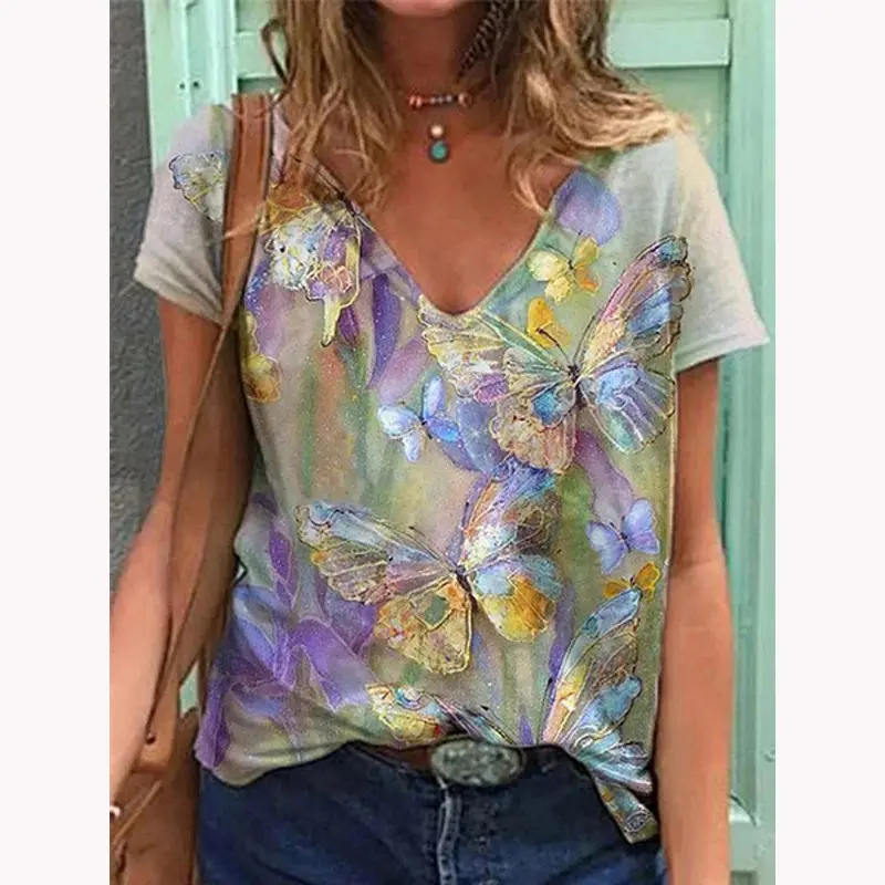 2021 Butterfly Print V Neck T-Shirt Women Purple - Image 2