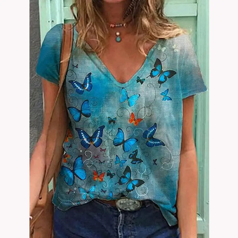2021 Butterfly Print V Neck T-Shirt Women Purple - Image 4