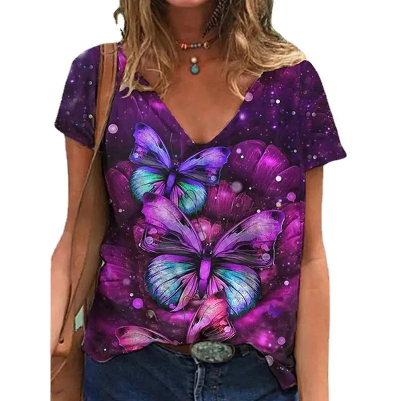 2021 Butterfly Print V Neck T-Shirt Women Purple - Image 10