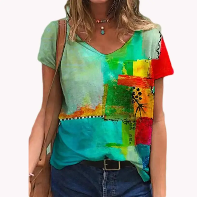 2021 Butterfly Print V Neck T-Shirt Women Purple - Image 6