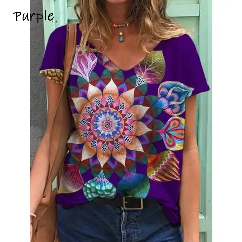 2021 Butterfly Print V Neck T-Shirt Women Purple - Image 7