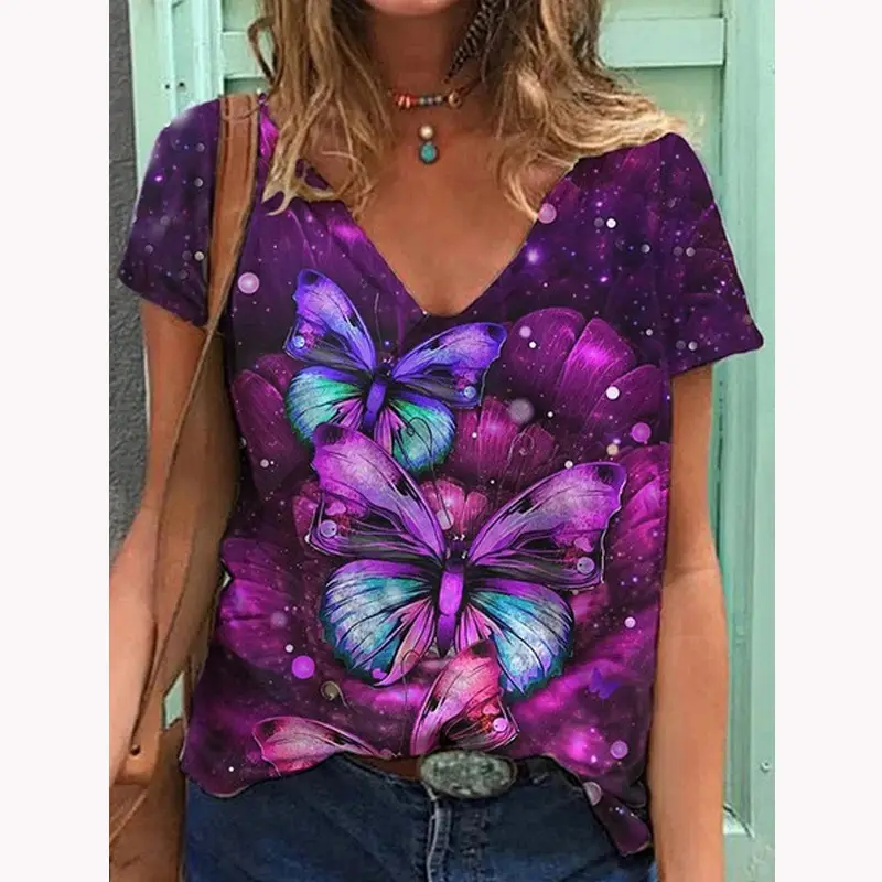 2021 Butterfly Print V Neck T-Shirt Women Purple - Image 3