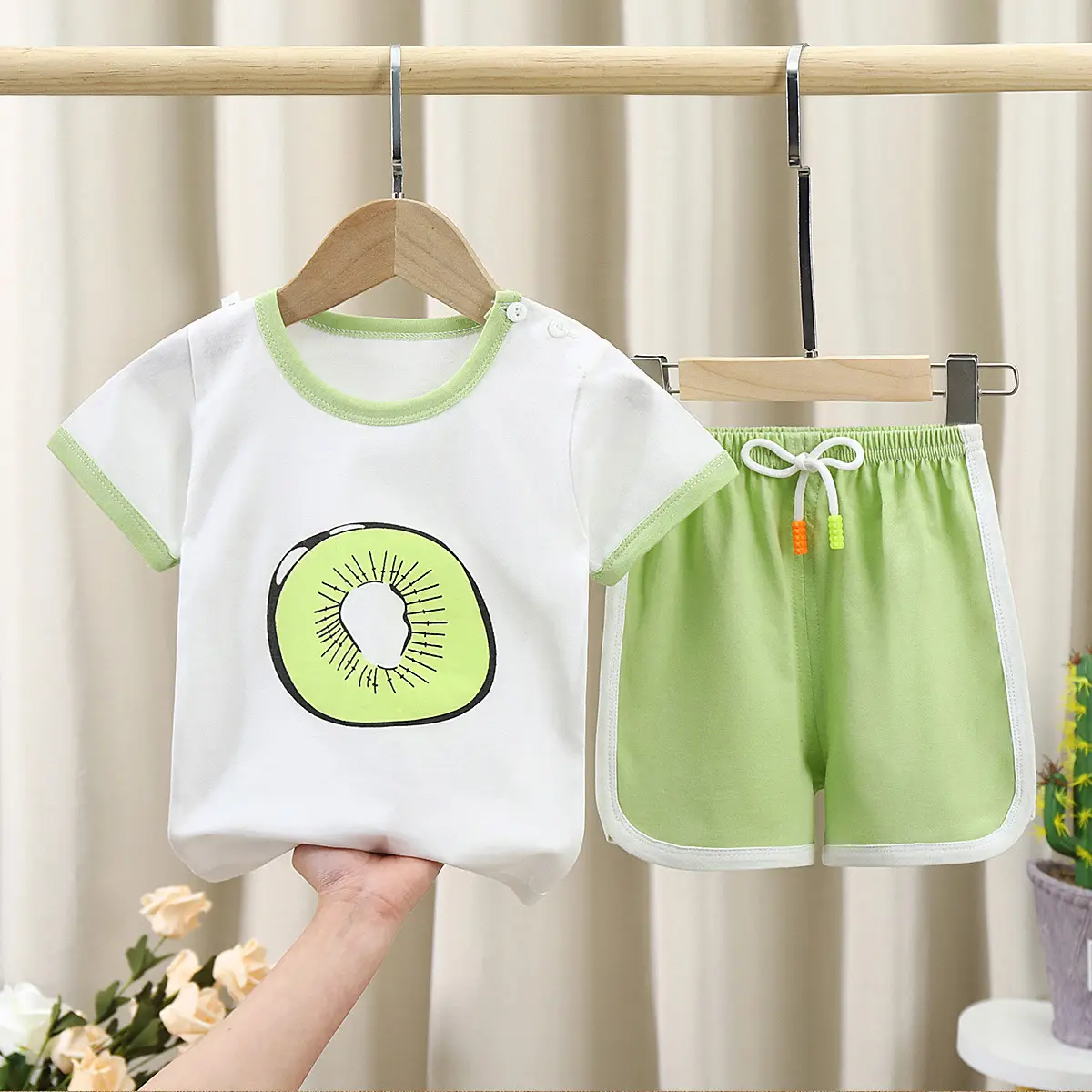 Kids Korean Style Cotton Shorts Set White Green