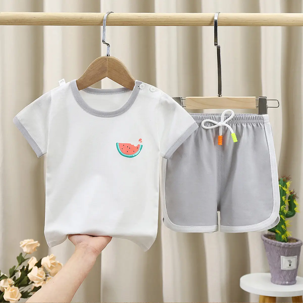 Kids Korean Style Cotton Shorts Set White Green