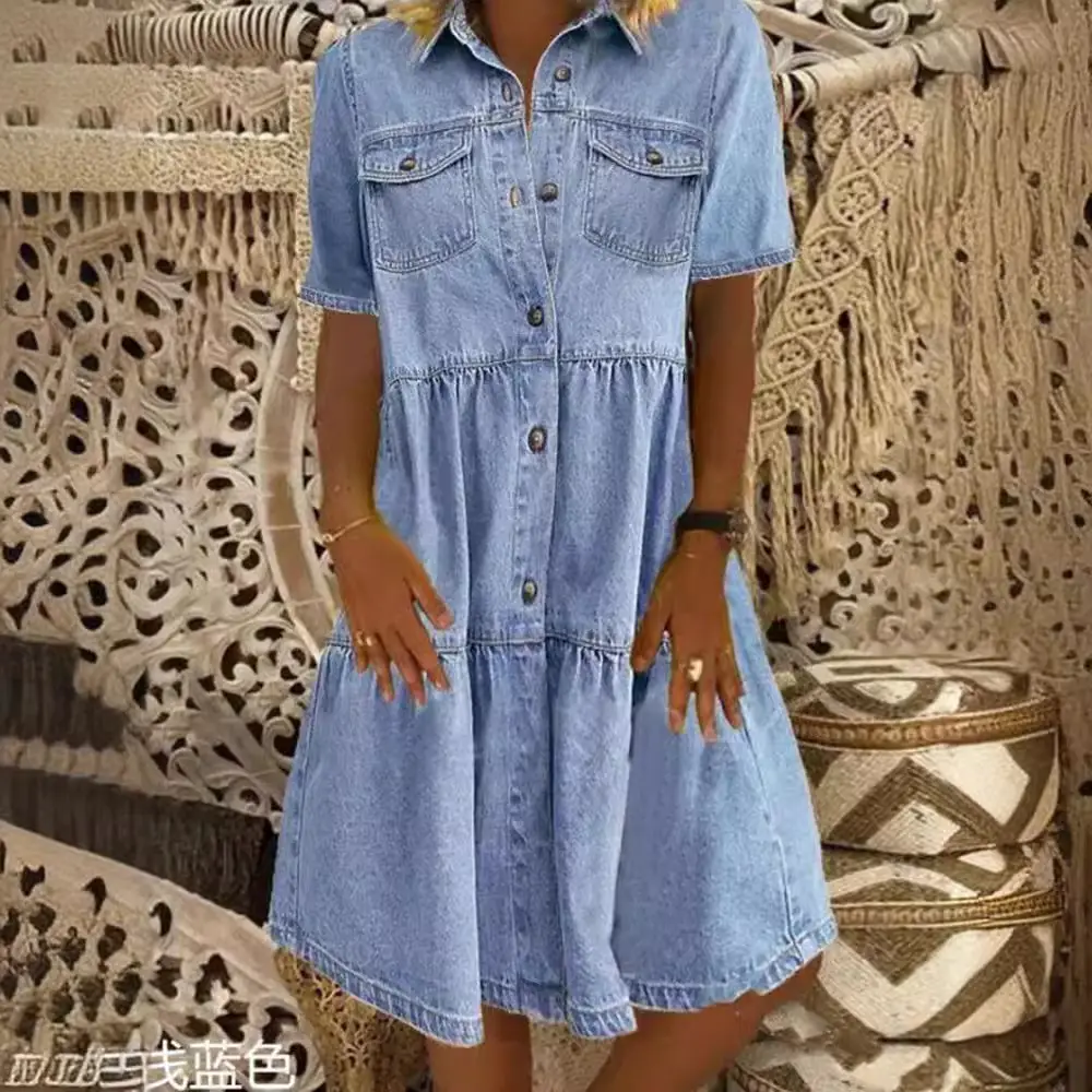 2024 Denim Midi Skirt Dress Blue Multi-Pocket Button - Image 3