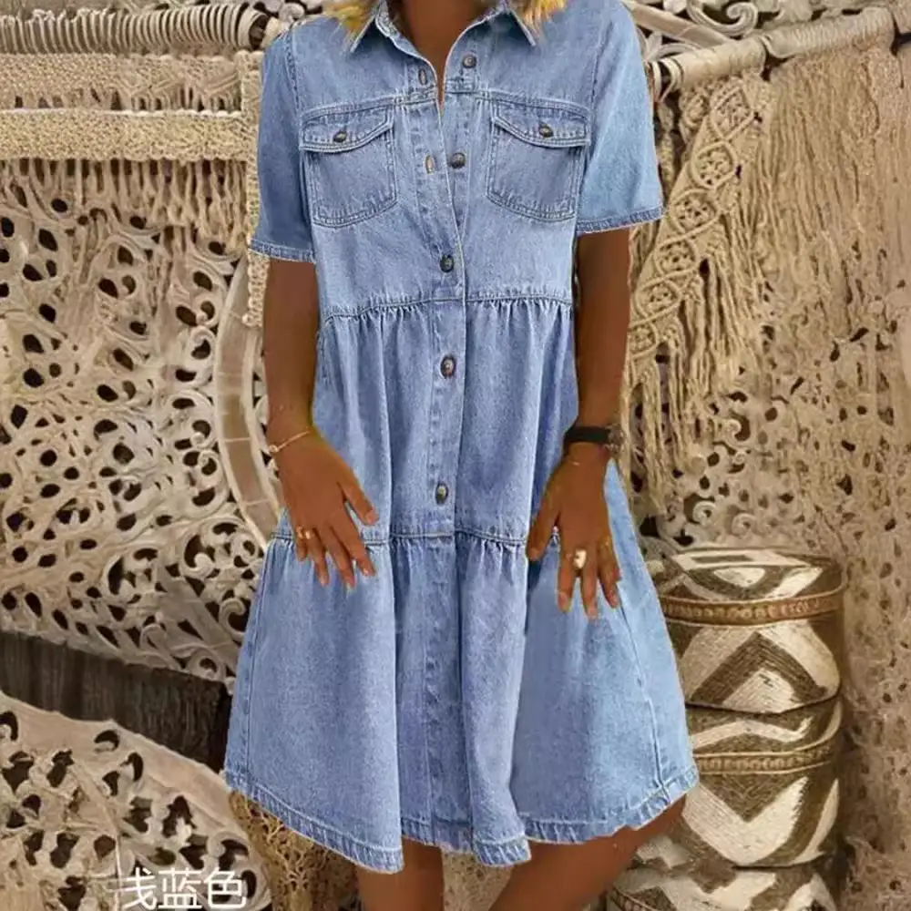 2024 Denim Midi Skirt Dress Blue Multi-Pocket Button - Image 6