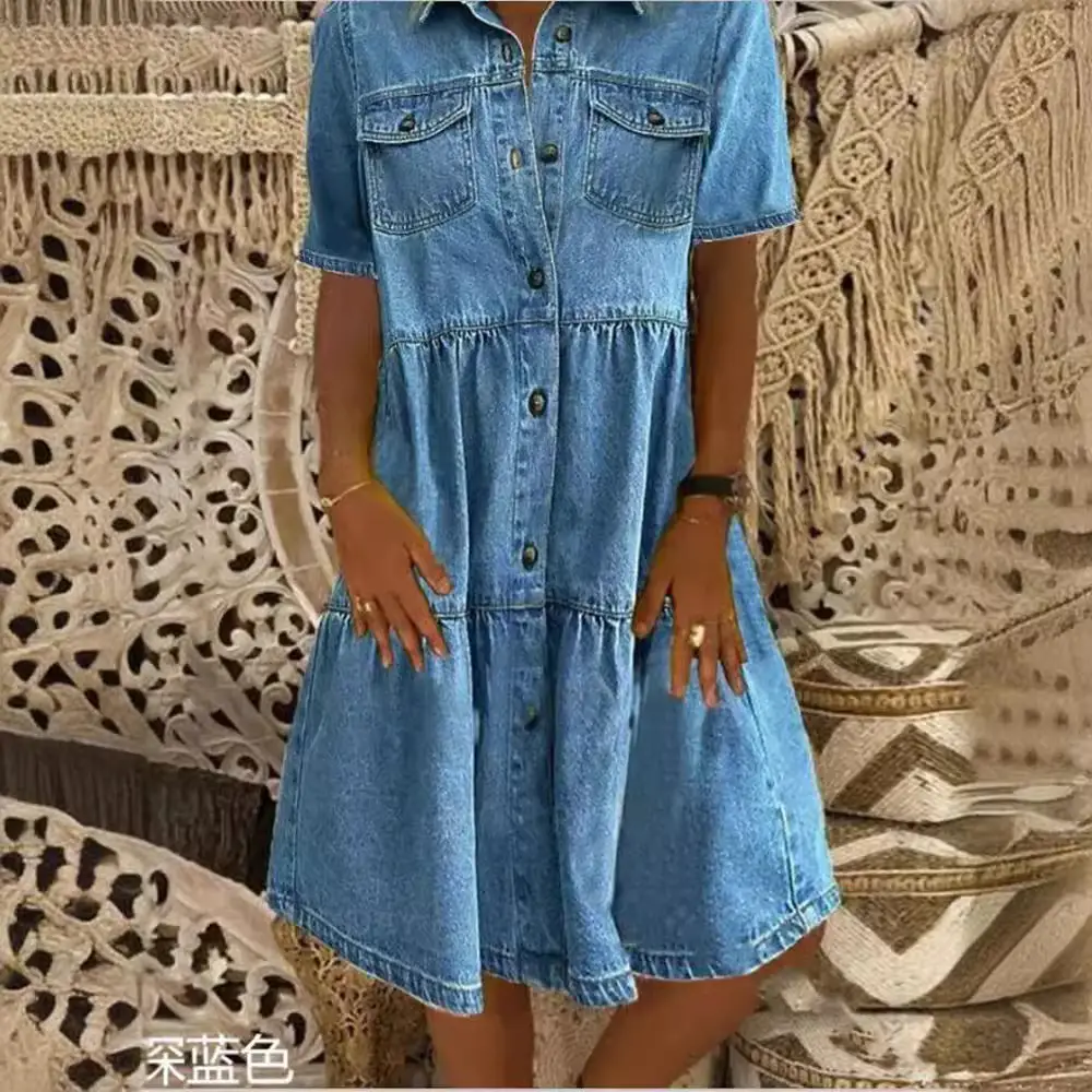 2024 Denim Midi Skirt Dress Blue Multi-Pocket Button - Image 7