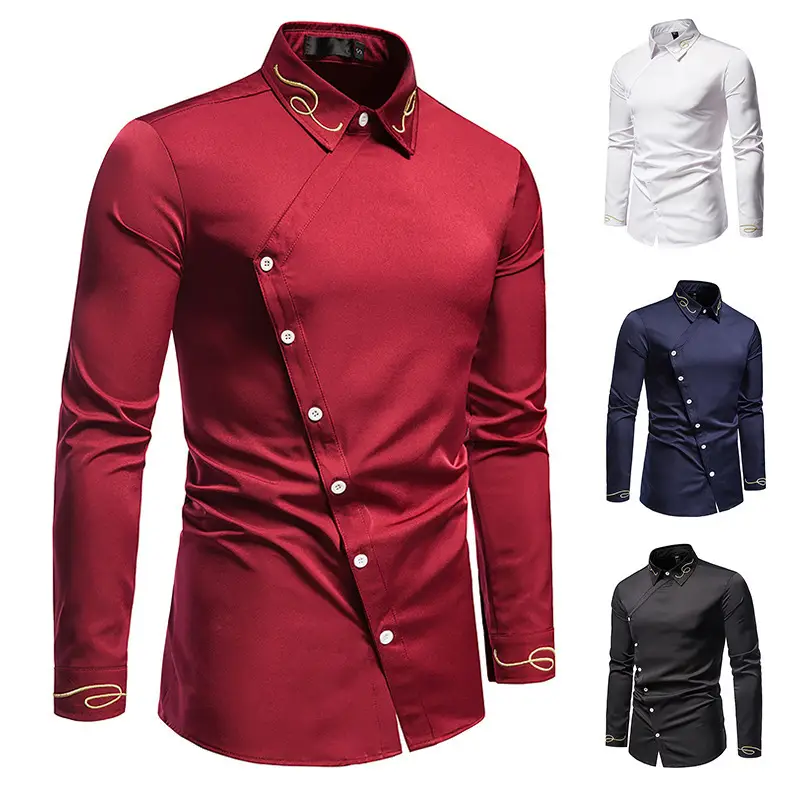Men's Embroidered Long Sleeve Shirt Navy Blue Large