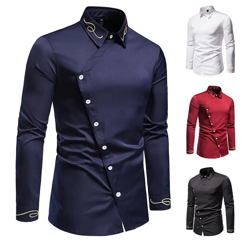 Men's Embroidered Long Sleeve Shirt Navy Blue Large