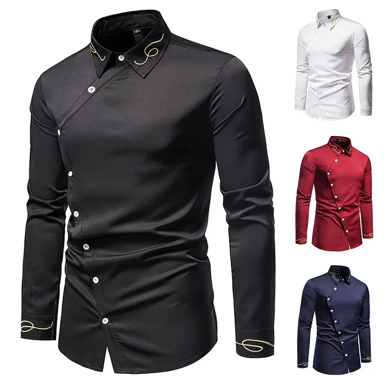 Men's Embroidered Long Sleeve Shirt Navy Blue Large