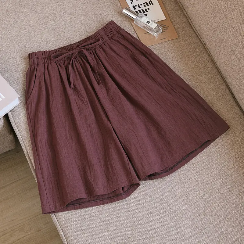 Women Cotton Linen Wide Leg Pants Maroon Summer - Image 8