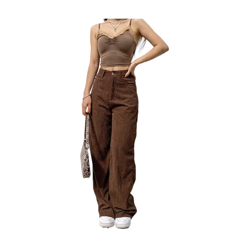 Women's Wide Leg Casual Pants Brown Cotton Autumn - Image 8