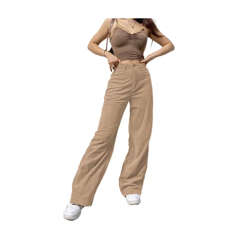 Women's Wide Leg Casual Pants Brown Cotton Autumn - Image 9