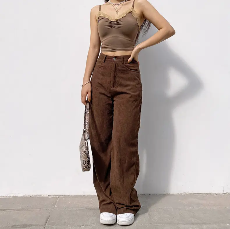 Women's Wide Leg Casual Pants Brown Cotton Autumn - Image 4