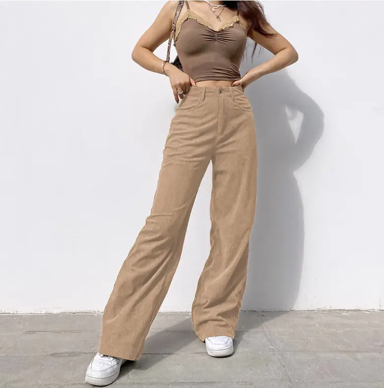 Women's Wide Leg Casual Pants Brown Cotton Autumn - Image 5