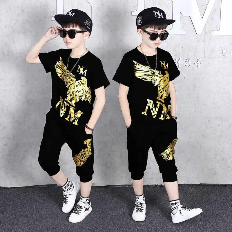Boys 2Pc Black Gold Wing T-Shirt Shorts Set Summer Medium Big - Image 3