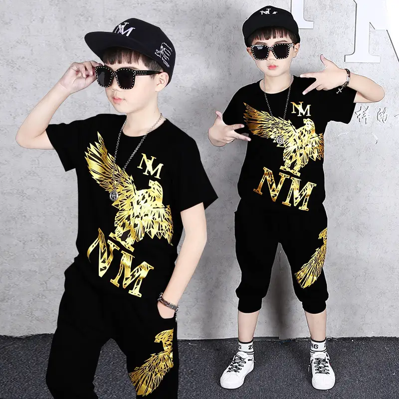Boys 2Pc Black Gold Wing T-Shirt Shorts Set Summer Medium Big - Image 4