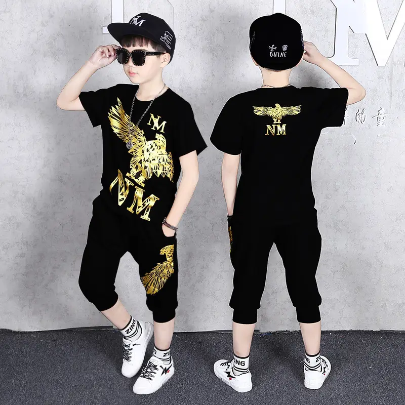 Boys 2Pc Black Gold Wing T-Shirt Shorts Set Summer Medium Big - Image 5