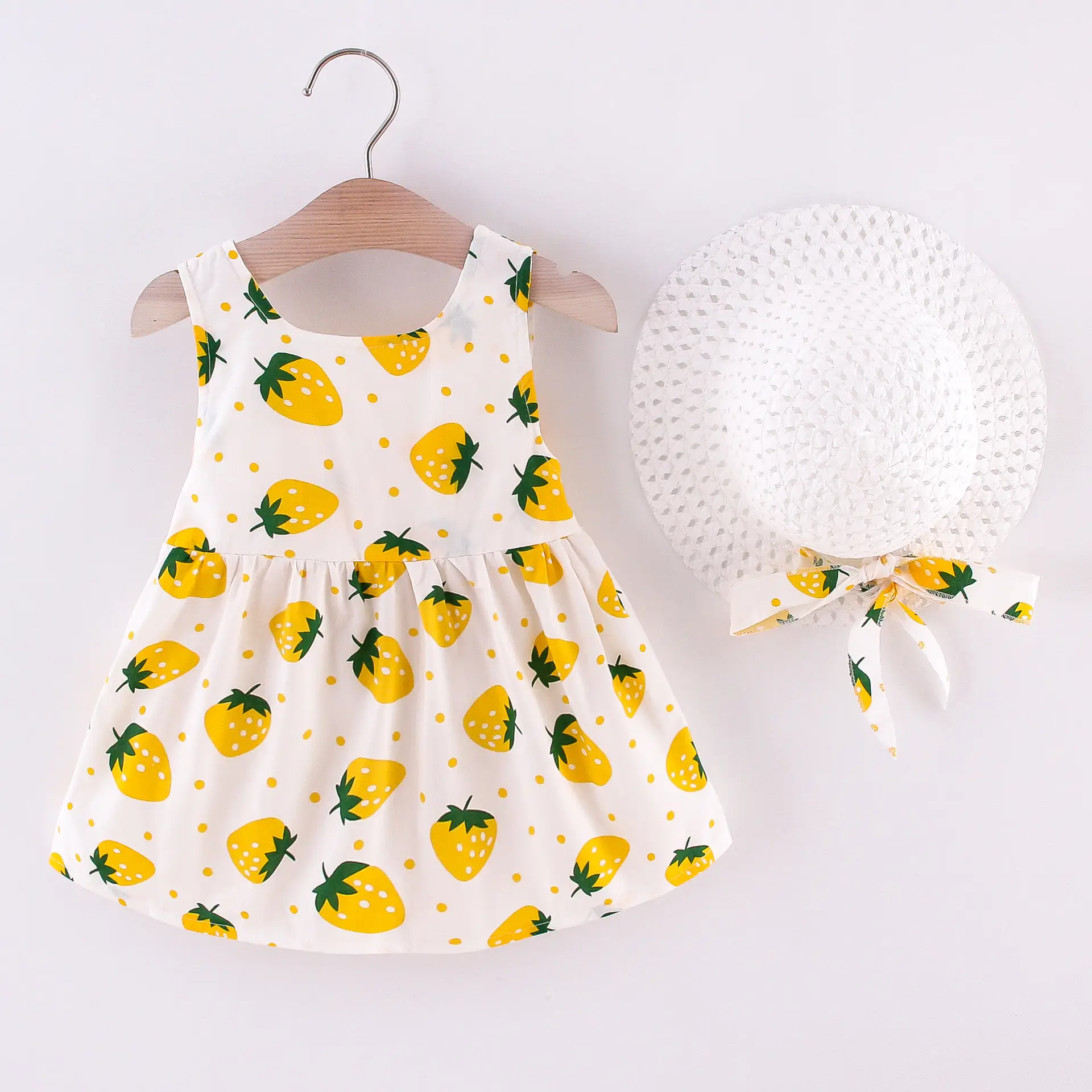 Girls Strawberry Print Bow Hat Dress Set - Image 5