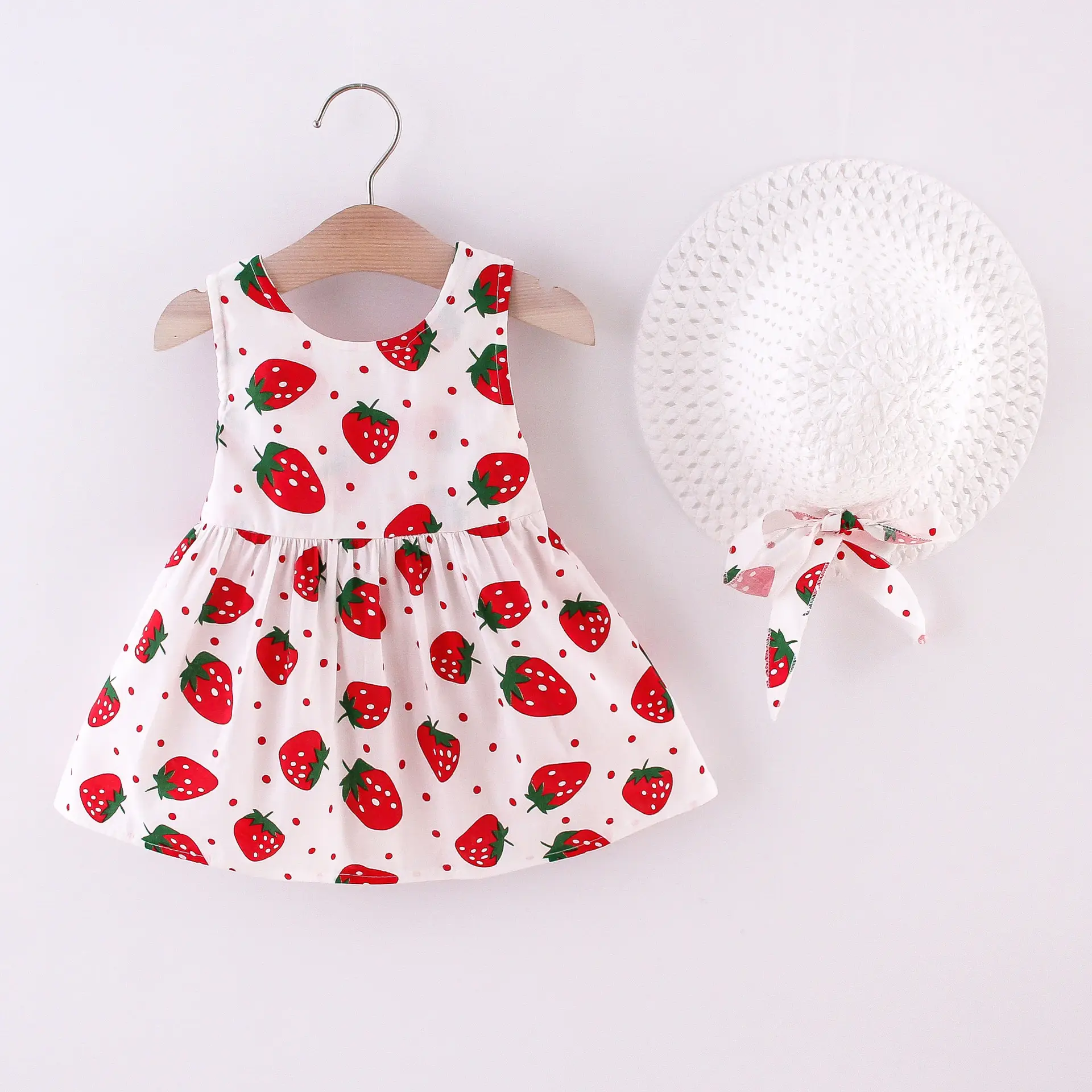 Girls Strawberry Print Bow Hat Dress Set - Image 3
