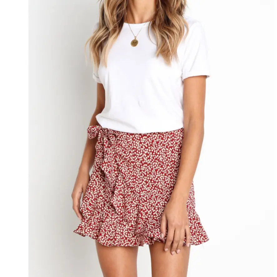 Women Floral Ruffled Shorts Red White Low Cut