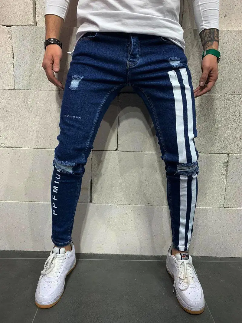2021 American Men's Ripped Stretch Leg Jeans with Stripe Design