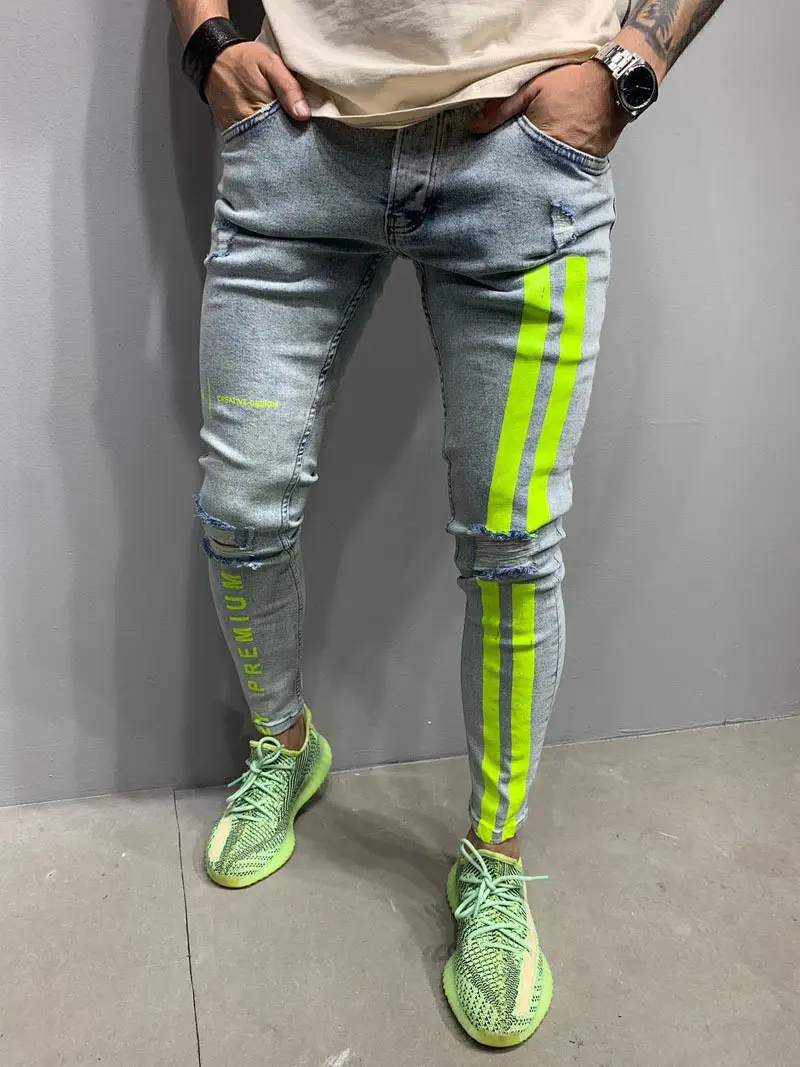 2021 American Men's Ripped Stretch Leg Jeans with Stripe Design