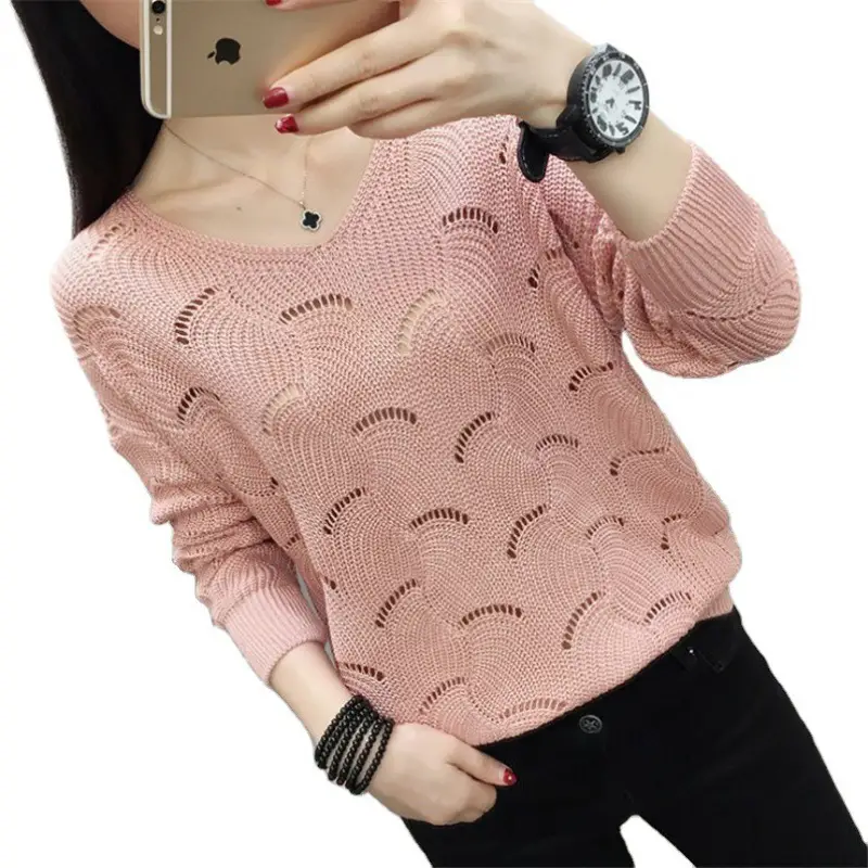 2021 Pink Hollow Out Sweater Top for Women - Image 10