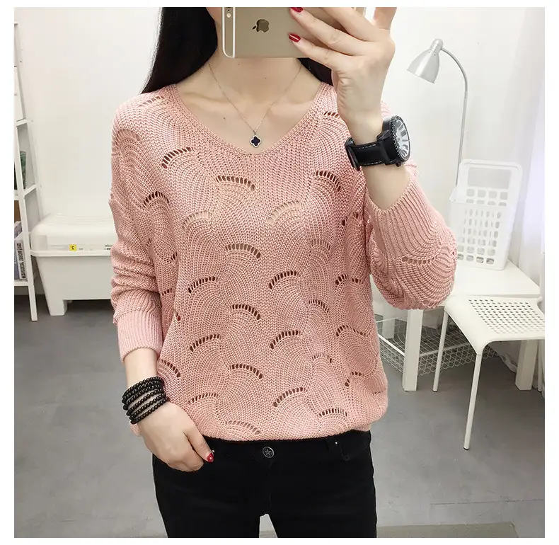 2021 Pink Hollow Out Sweater Top for Women — feature 21