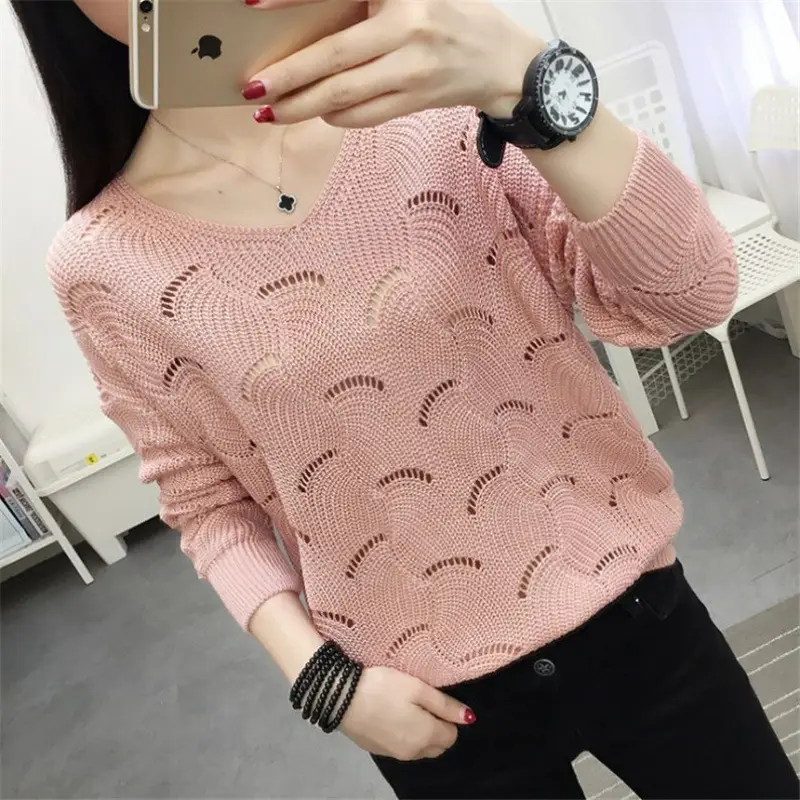 2021 Pink Hollow Out Sweater Top for Women - Image 2