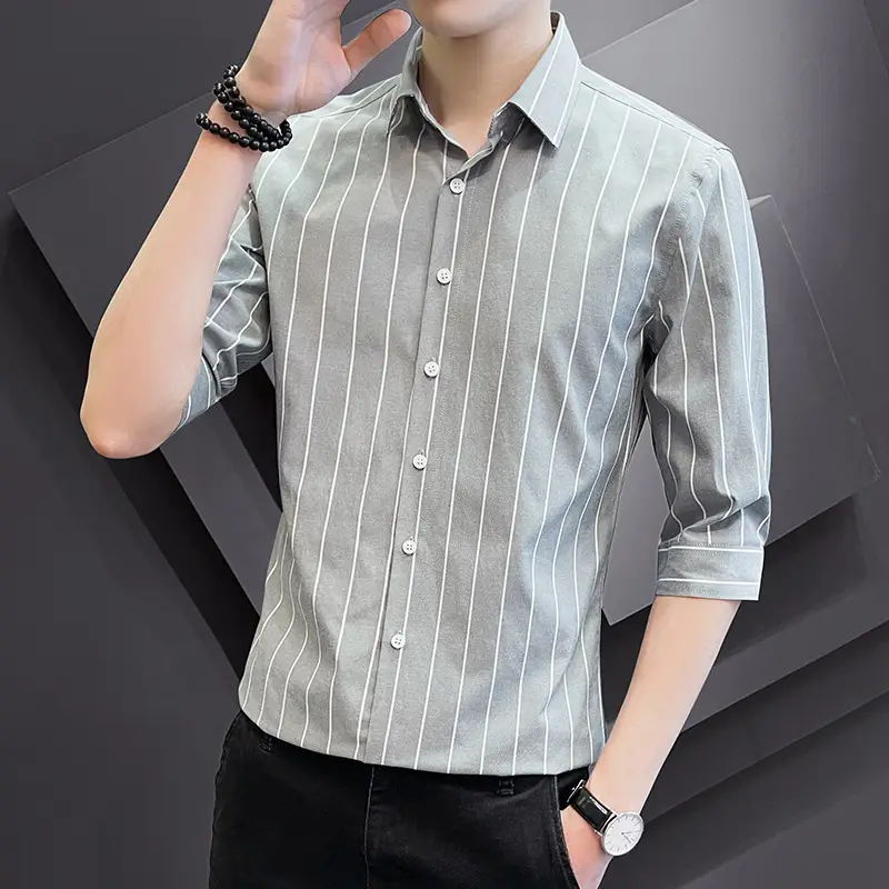 Men Striped Short Sleeve Shirt Black Red Crop Coat