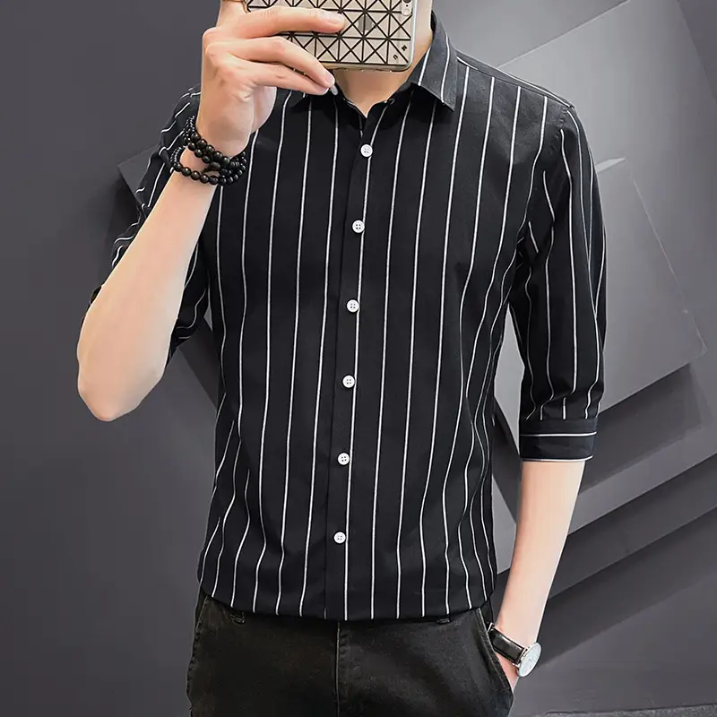 Men Striped Short Sleeve Shirt Black Red Crop Coat