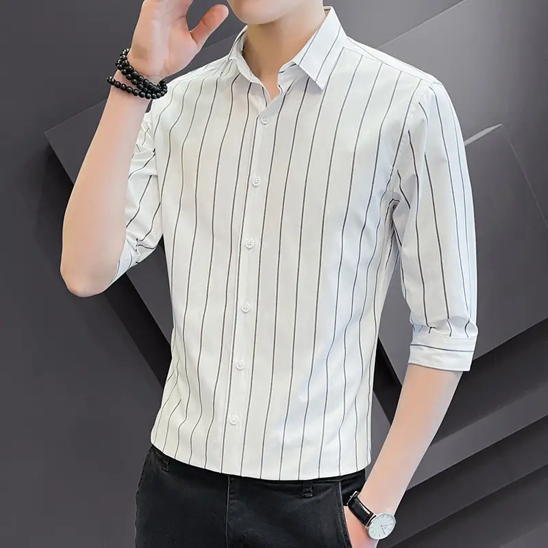 Men Striped Short Sleeve Shirt Black Red Crop Coat