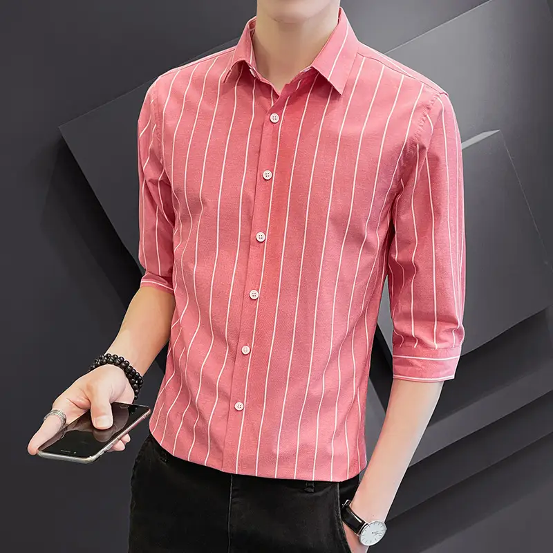 Men Striped Short Sleeve Shirt Black Red Crop Coat