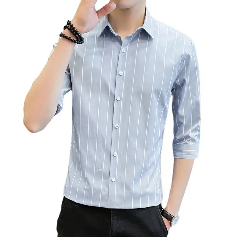 Men Striped Short Sleeve Shirt Black Red Crop Coat
