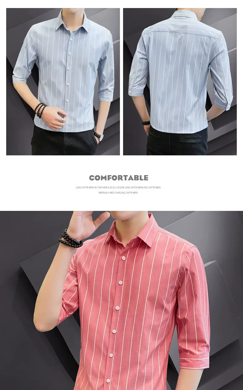 Men Striped Short Sleeve Shirt Black Red Crop Coat — feature 11