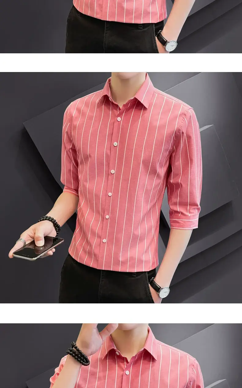 Men Striped Short Sleeve Shirt Black Red Crop Coat — feature 12
