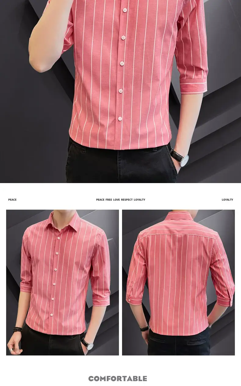 Men Striped Short Sleeve Shirt Black Red Crop Coat — feature 13