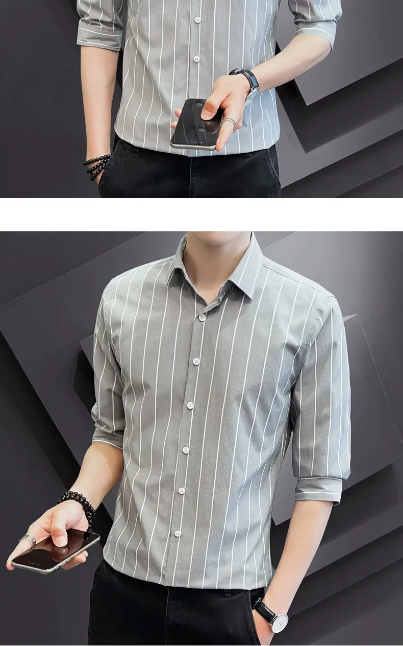 Men Striped Short Sleeve Shirt Black Red Crop Coat — feature 15