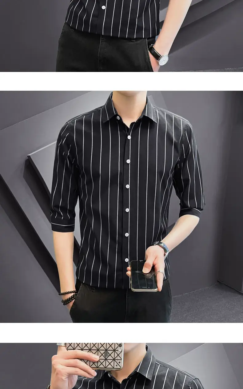 Men Striped Short Sleeve Shirt Black Red Crop Coat — feature 17