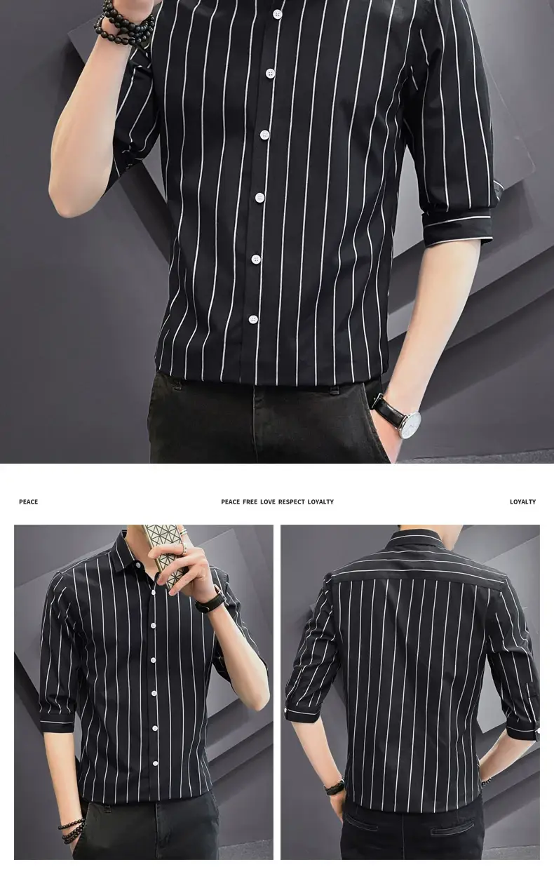 Men Striped Short Sleeve Shirt Black Red Crop Coat — feature 18