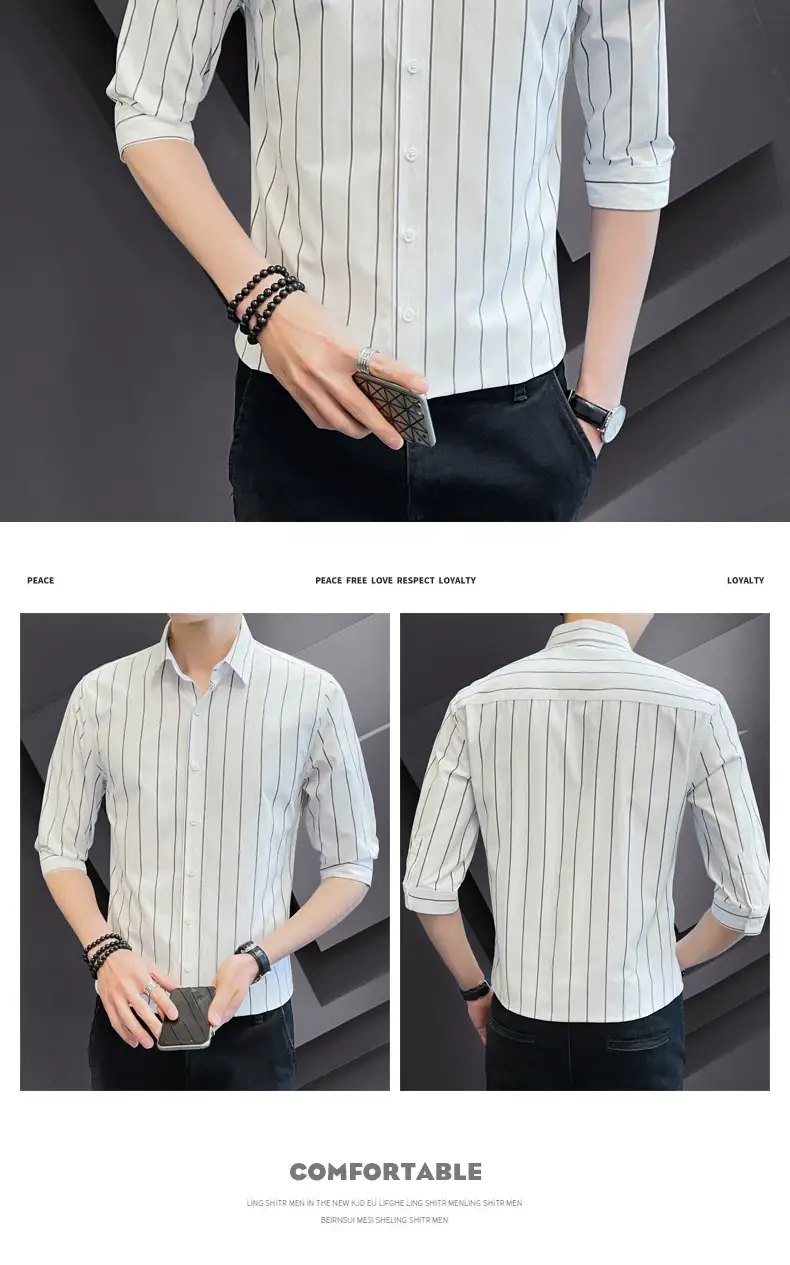 Men Striped Short Sleeve Shirt Black Red Crop Coat — feature 8