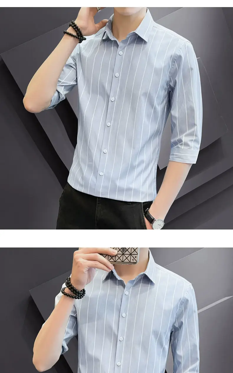 Men Striped Short Sleeve Shirt Black Red Crop Coat — feature 9