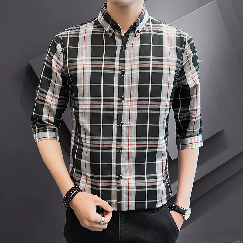 Men Striped Short Sleeve Shirt Black Red Crop Coat
