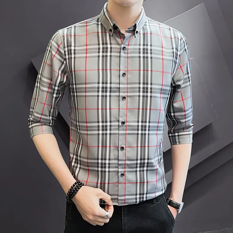 Men Striped Short Sleeve Shirt Black Red Crop Coat
