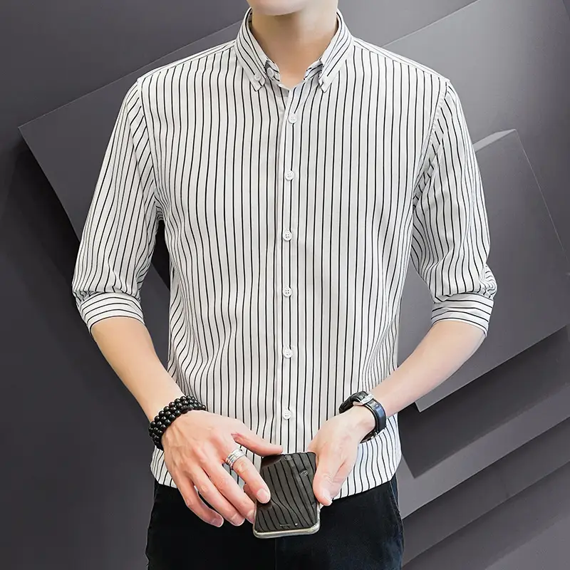 Men Striped Short Sleeve Shirt Black Red Crop Coat