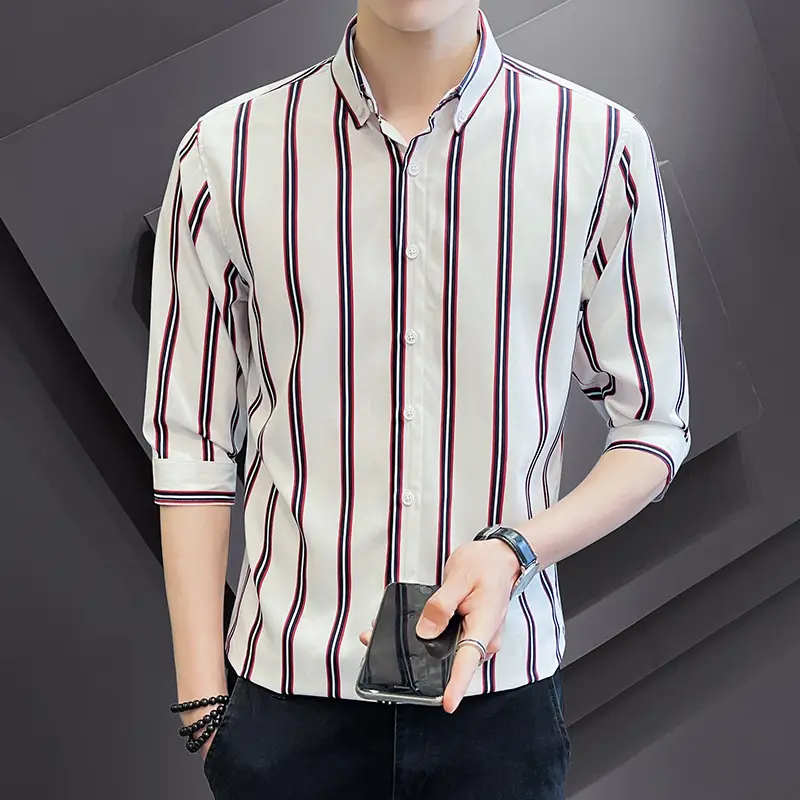 Men Striped Short Sleeve Shirt Black Red Crop Coat